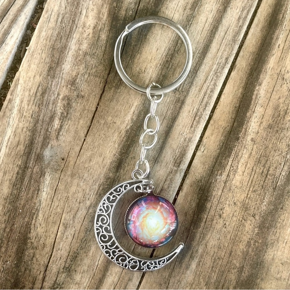 Silver Crescent Moon Keychain with Colorful Pendant
